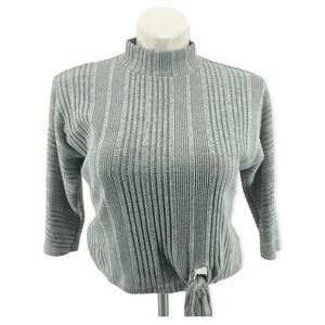 June & Hudson Gray Mock Neck Ribbed Soft Tie Front Knit Top Large